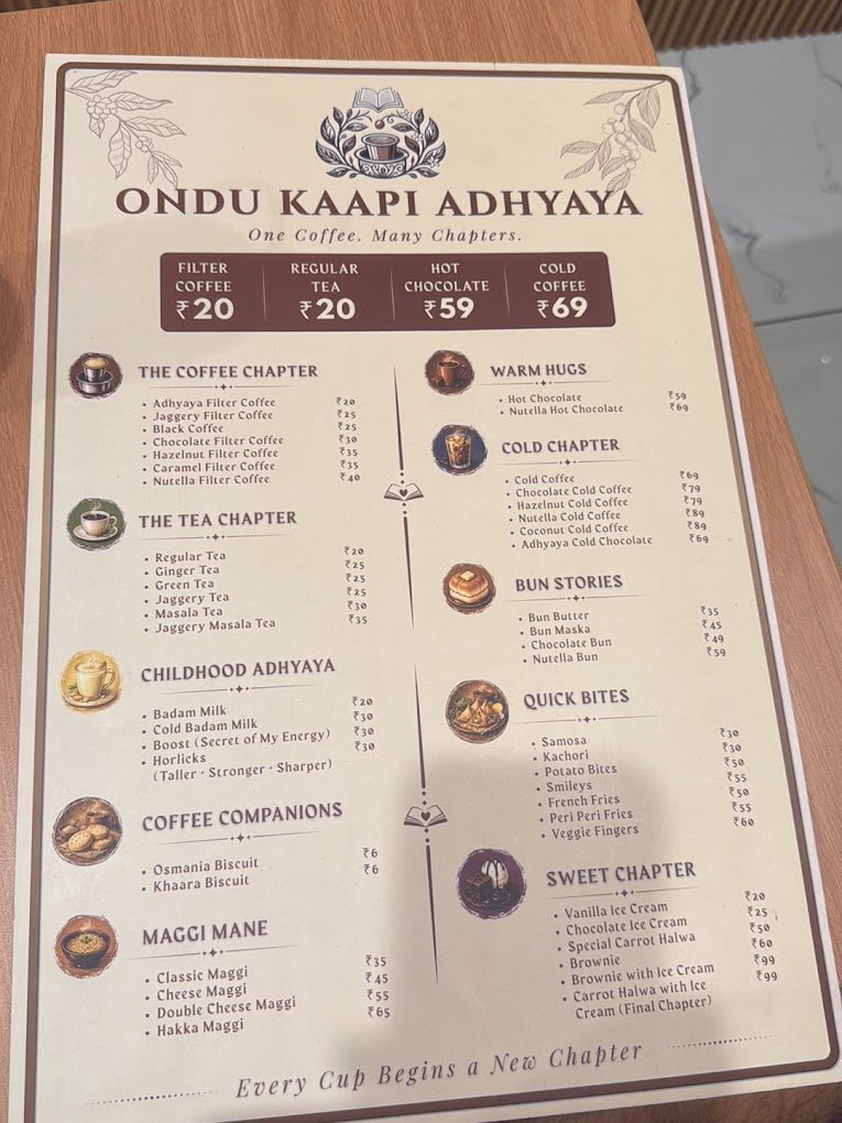 Ondu Kaapi Adhyaya branded menu card design by Pixels Digital Studio